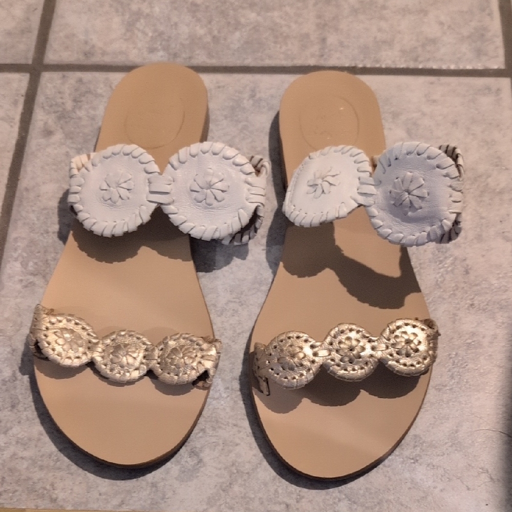 Jack Rogers White Leather Sandals with Gold Coin Trim